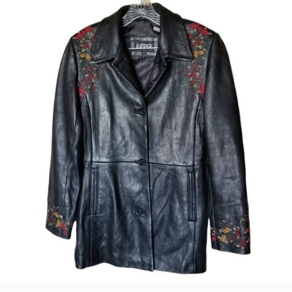 Kasper Leather Floral Embroidered Jacket Black M - Picture 6 of 8